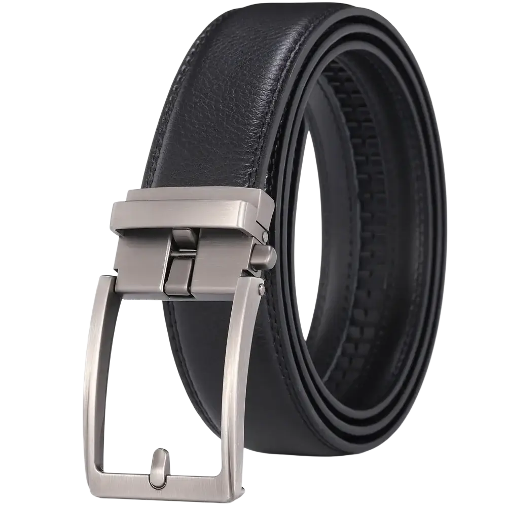 Black leather mens belt with a sleek silver-toned automatic buckle for a stylish and practical accessory