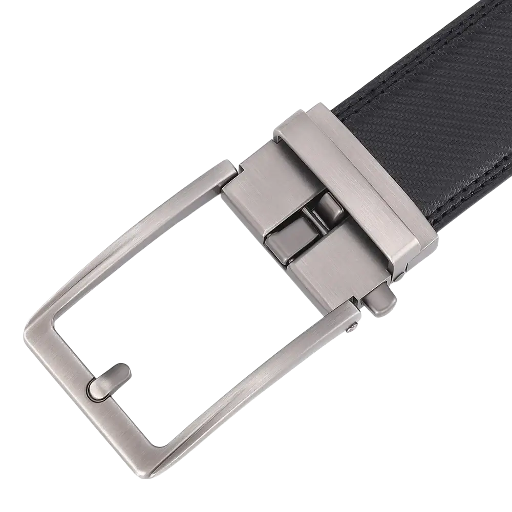 Black leather mens belt with a sleek matte-finished silver-toned automatic buckle