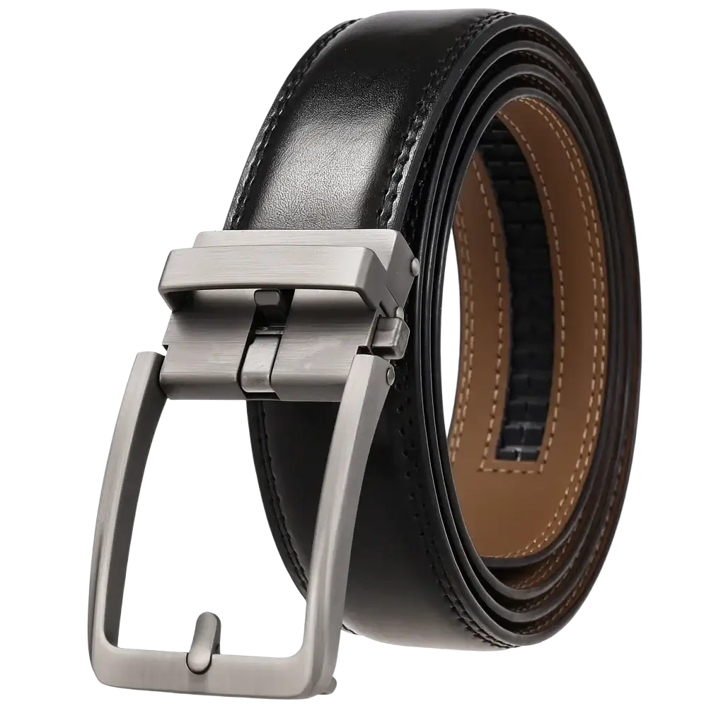 Black leather mens belt with automatic buckle and silver toned reversible feature for versatile wear