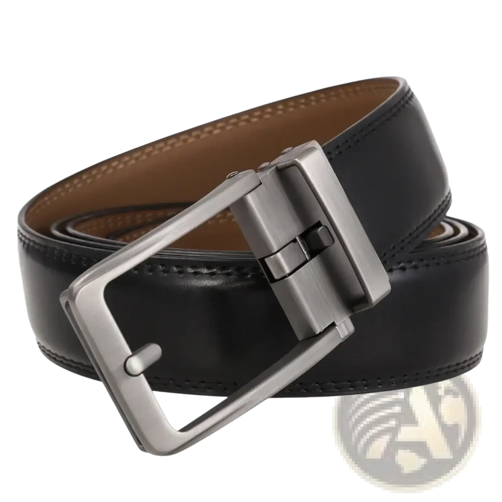 Black leather mens belt with silver-toned automatic buckle for elegant and convenient fastening