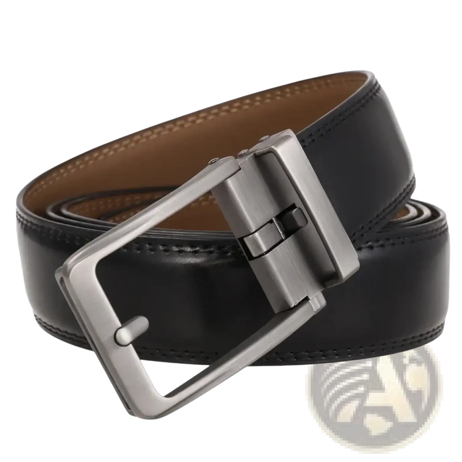 Black leather mens belt with silver-toned automatic buckle for elegant and convenient fastening