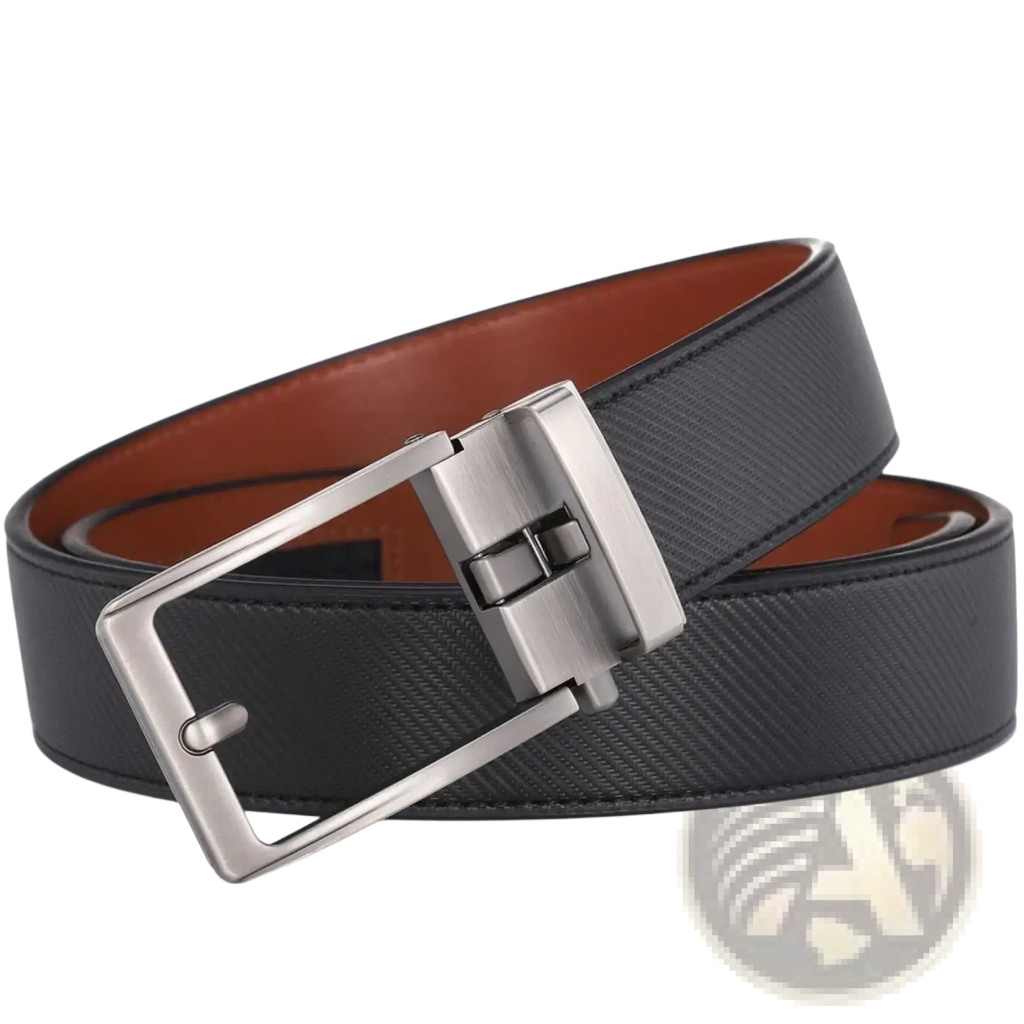 Black leather mens belt with a silver-toned automatic buckle and tan inner lining for secure fit