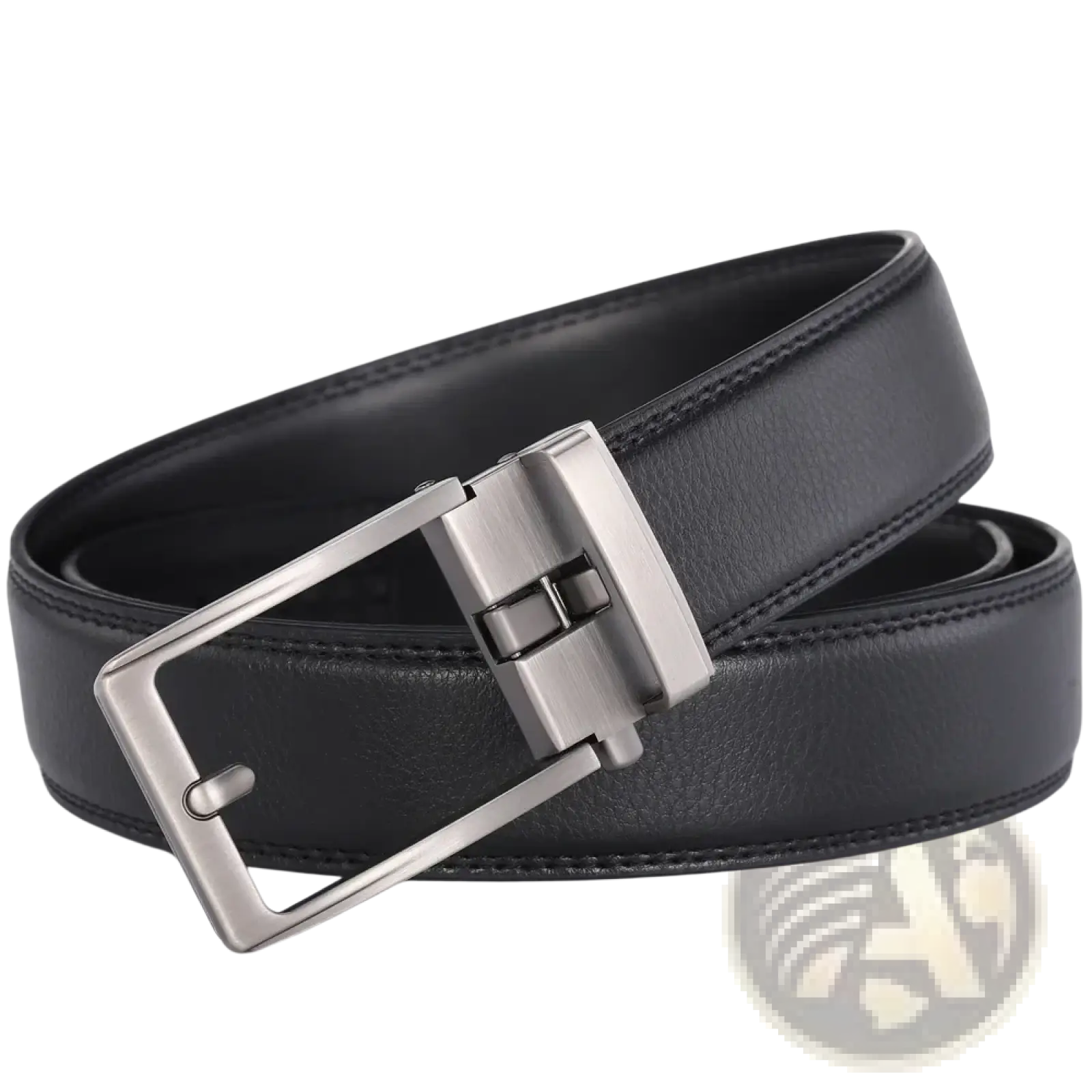 Black leather mens belt with a silver-toned automatic buckle designed for formal and casual wear