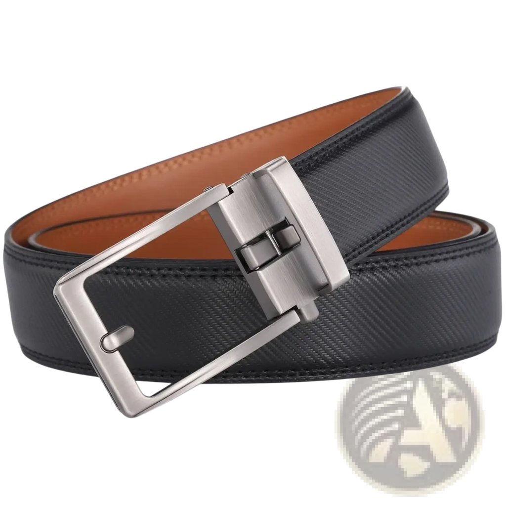Black leather mens belt with silver-toned automatic buckle and tan inner lining for a sophisticated look