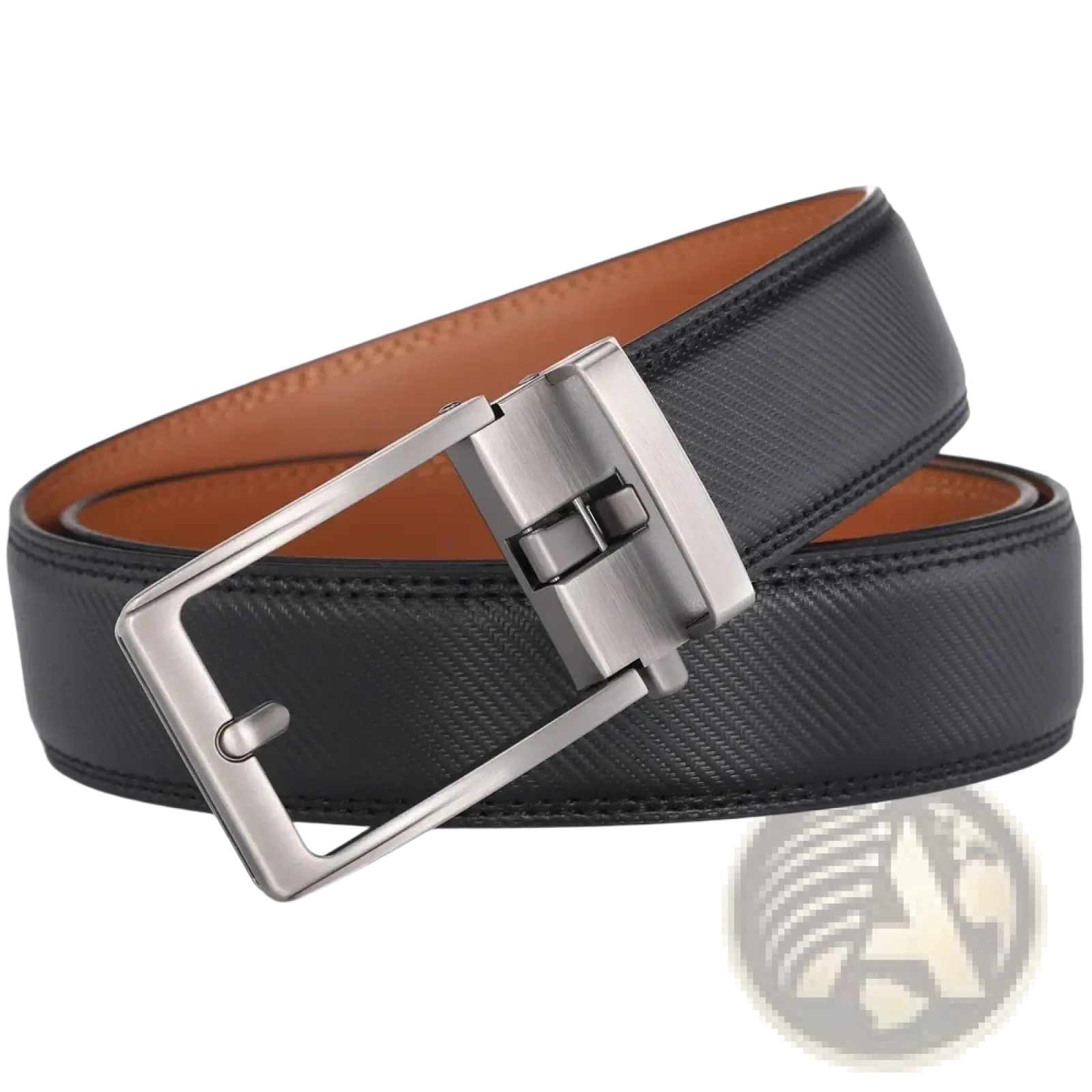 Black leather mens belt with silver-toned automatic buckle and tan inner lining for a sophisticated look