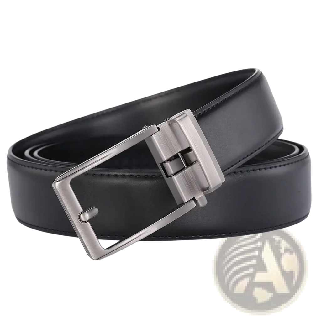 Black leather mens belt with automatic flip buckle in silver tone featuring a rectangular design for formal use