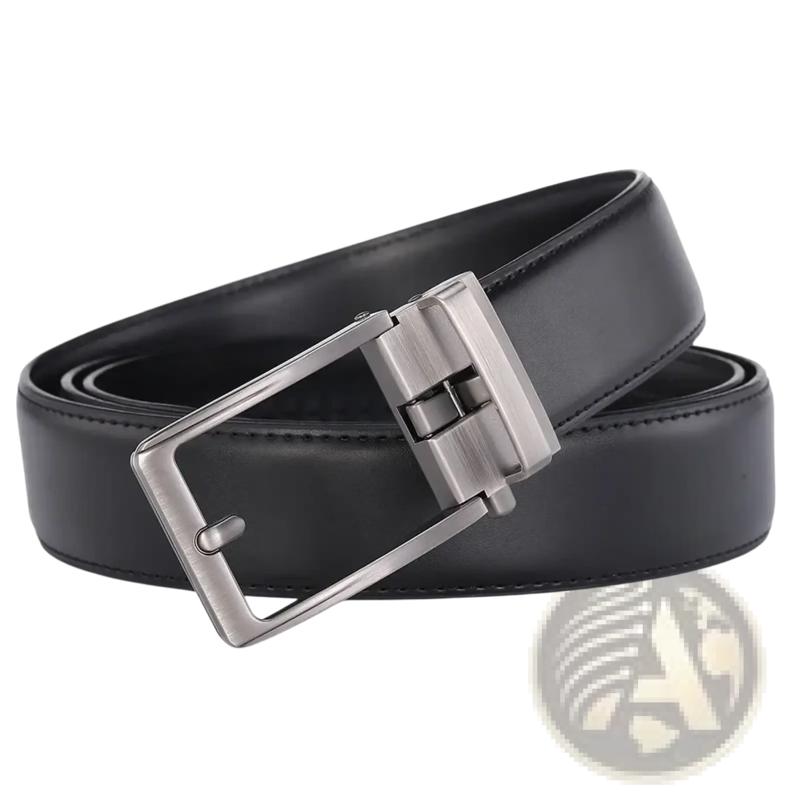 Black leather mens belt with automatic flip buckle in silver tone featuring a rectangular design for formal use