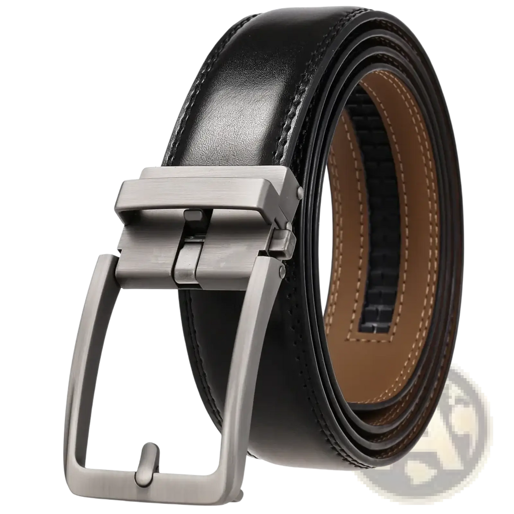 Black leather mens belt with automatic buckle and silver toned reversible feature for versatile wear