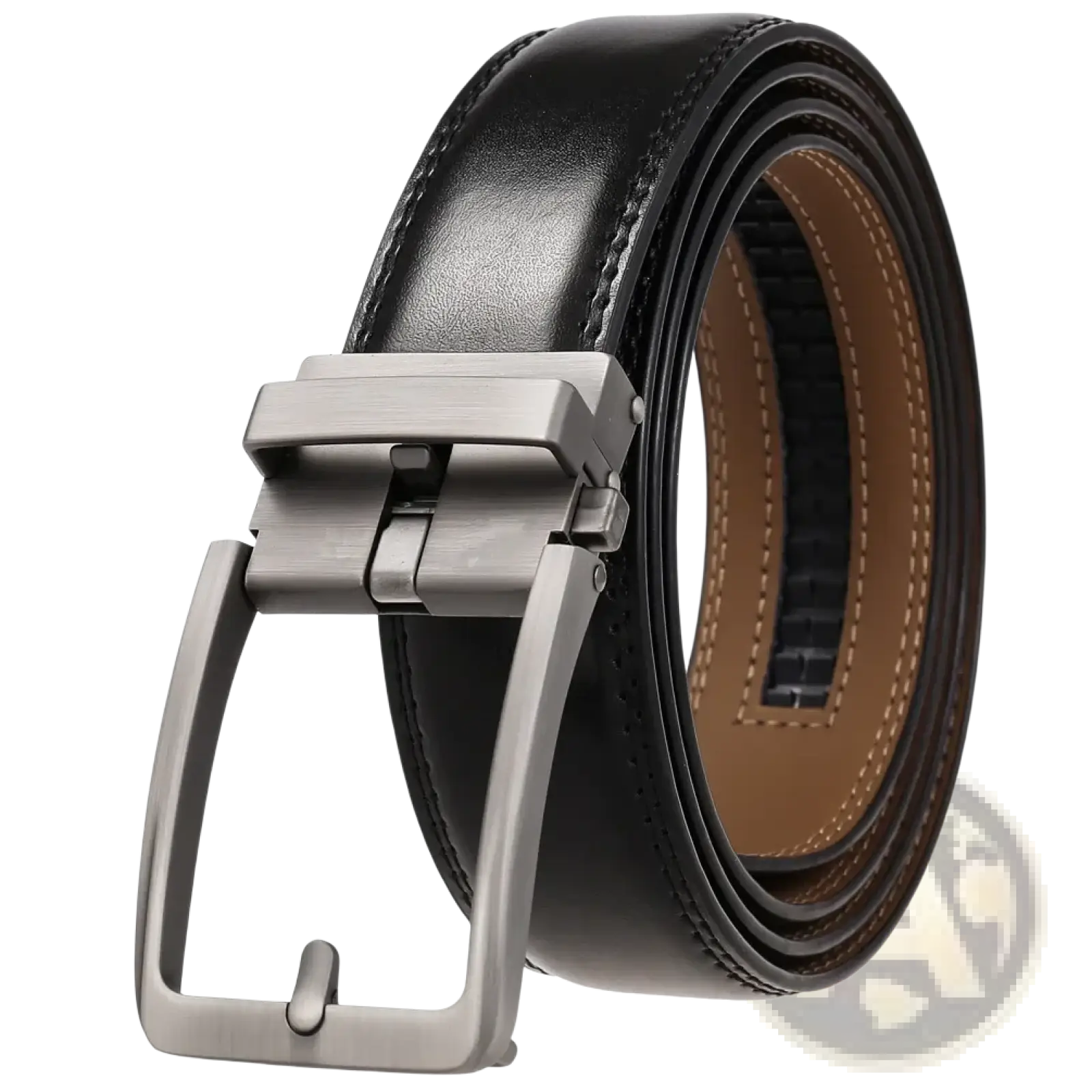 Black leather mens belt with automatic buckle and silver toned reversible feature for versatile wear