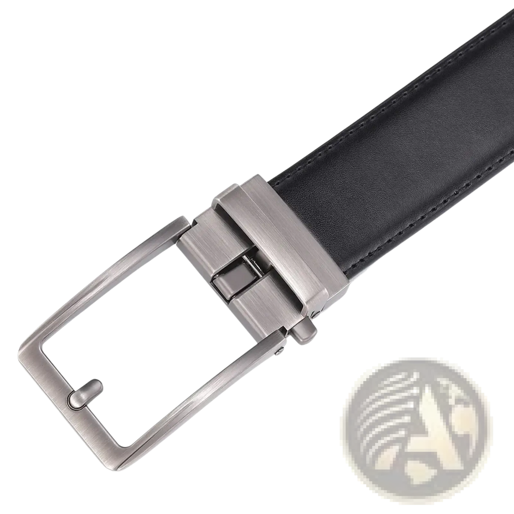 Black leather mens belt with a sleek brushed silver-toned automatic buckle for easy adjustment