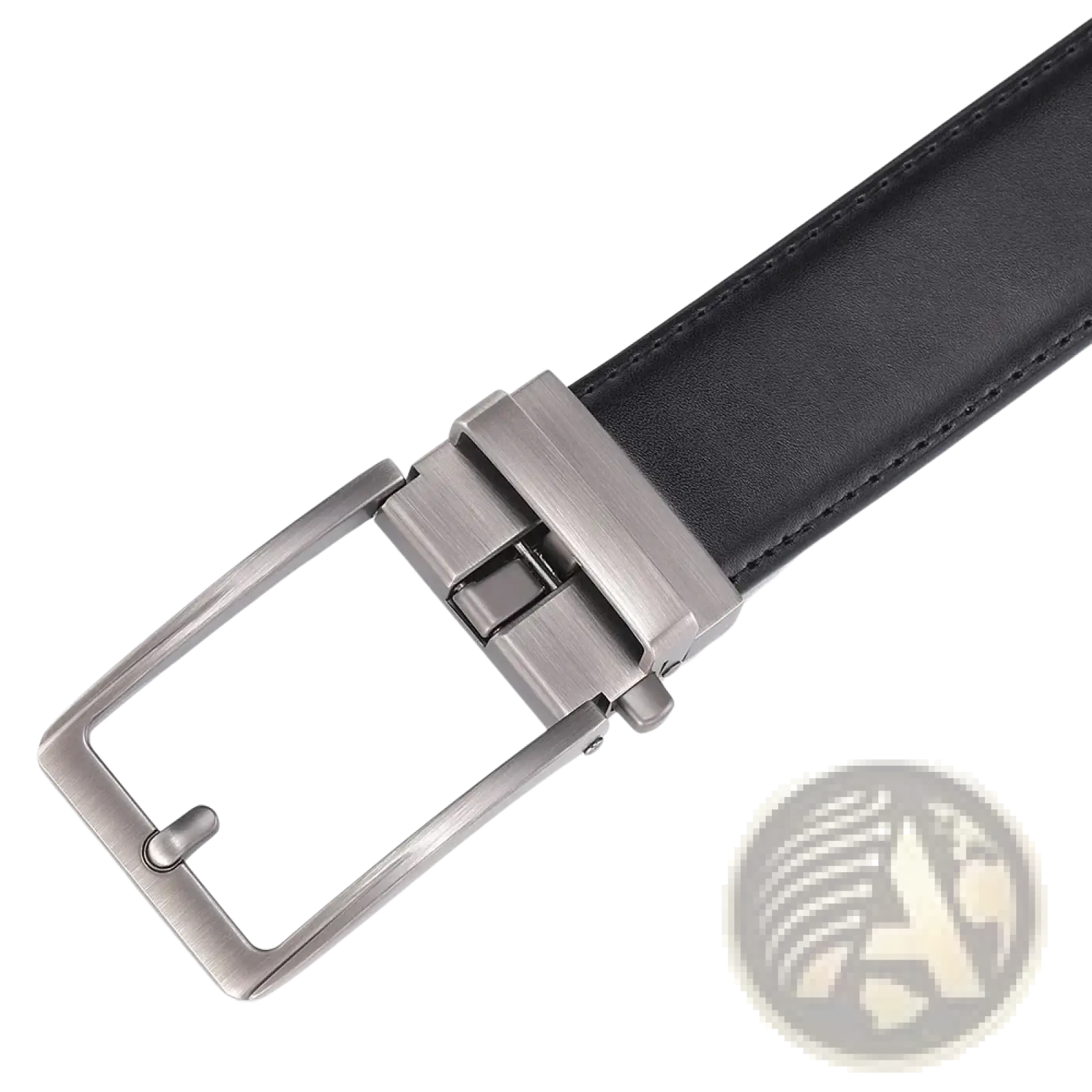 Black leather mens belt with a sleek brushed silver-toned automatic buckle for easy adjustment