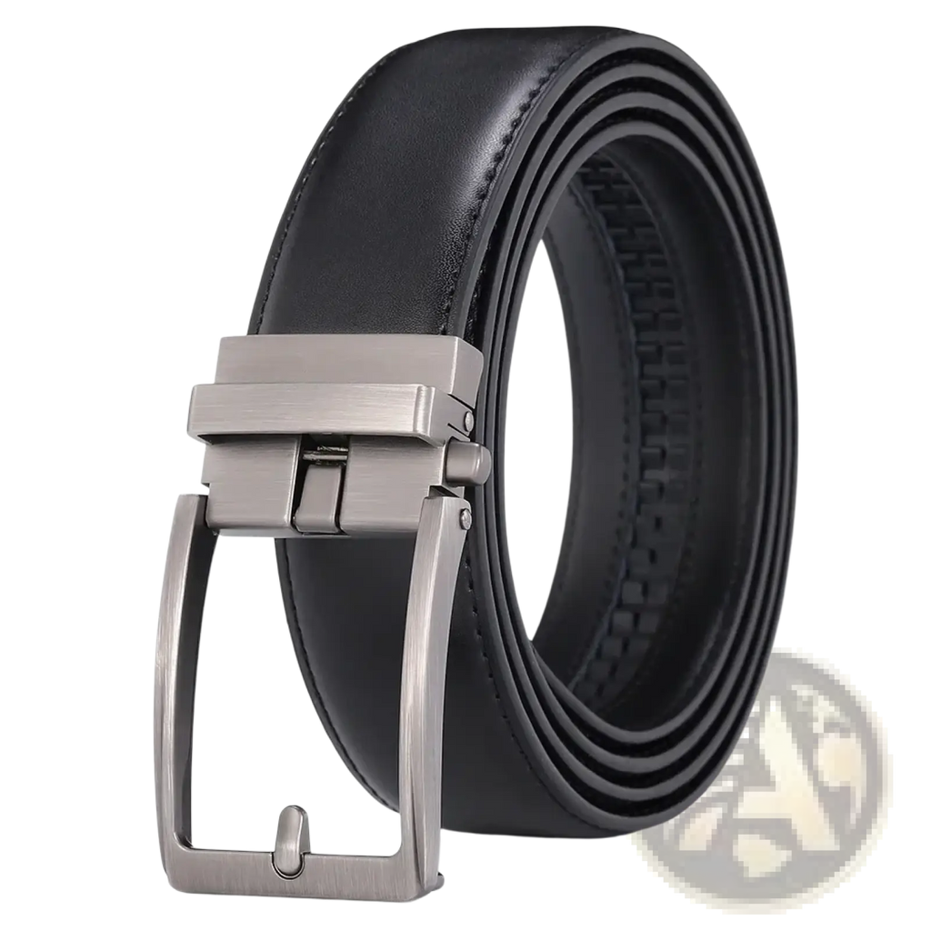 Black leather mens belt with a sleek brushed silver-tone automatic buckle for stylish and convenient wear