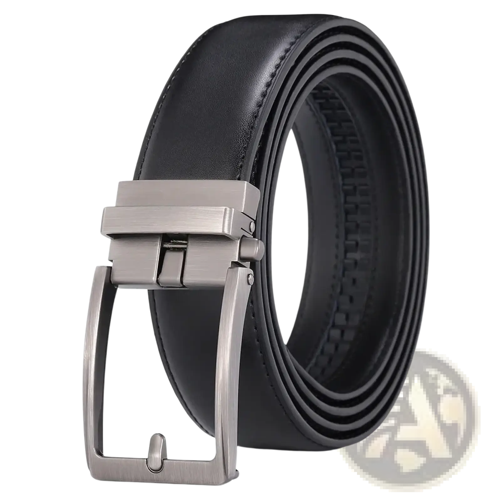 Black leather mens belt with a sleek brushed silver-tone automatic buckle for stylish and convenient wear