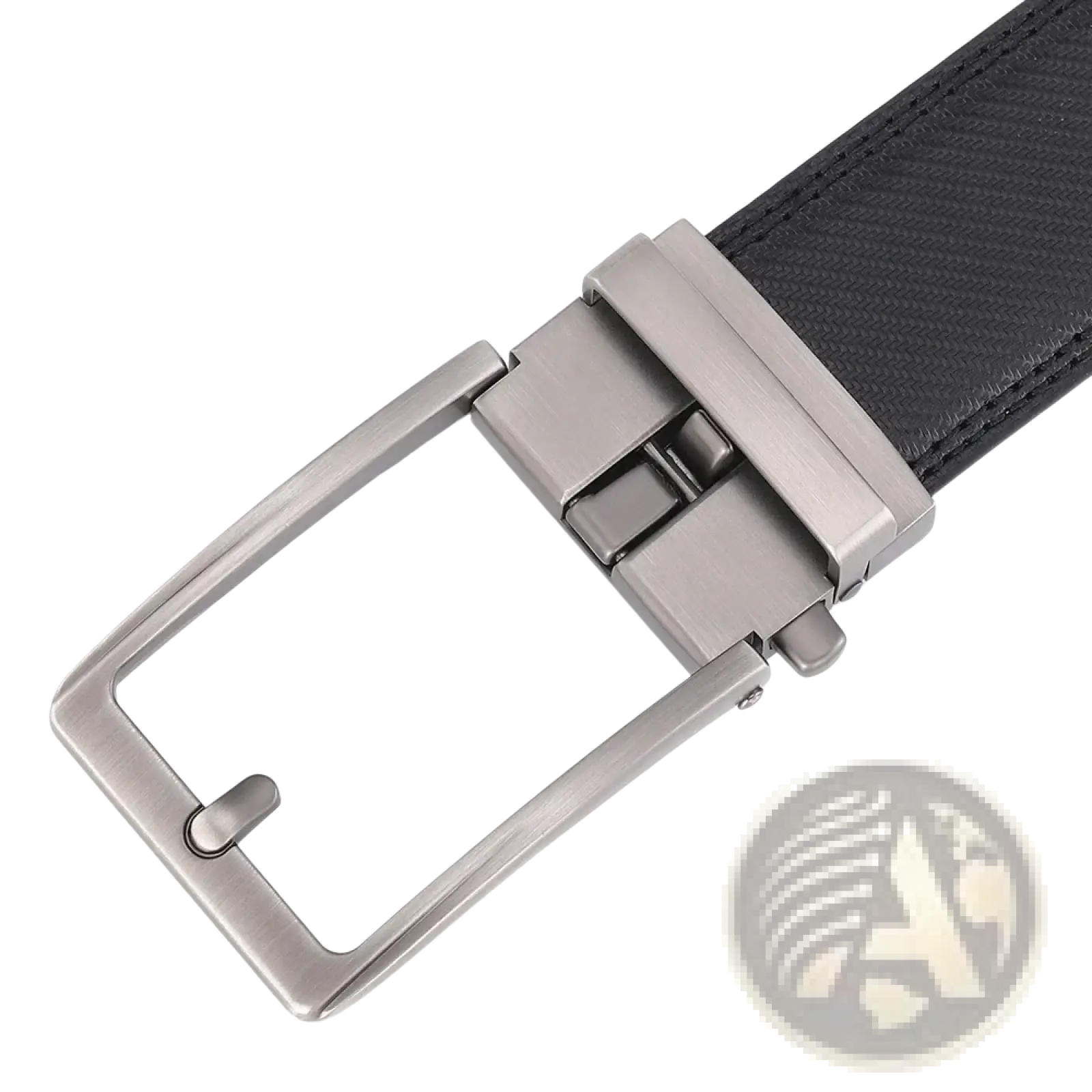 Black leather mens belt with a sleek matte-finished silver-toned automatic buckle