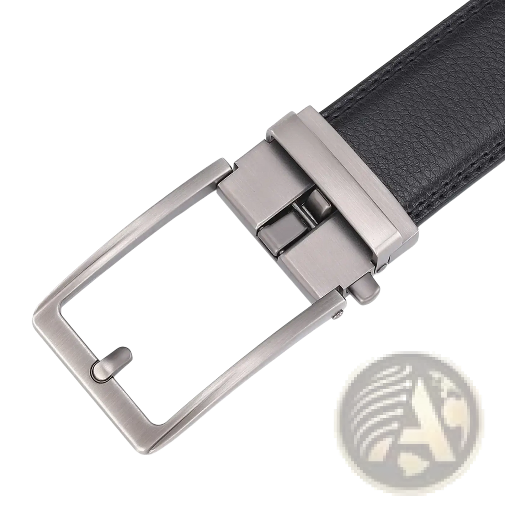 Black leather mens belt with sleek silver-toned automatic buckle for easy adjustment and stylish wear