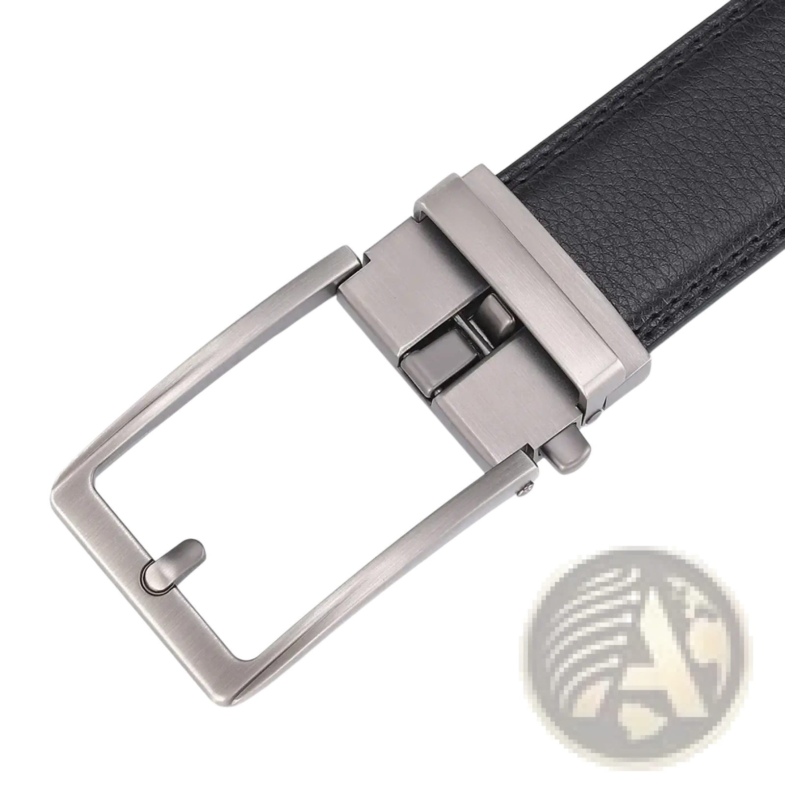 Black leather mens belt with sleek silver-toned automatic buckle for easy adjustment and stylish wear