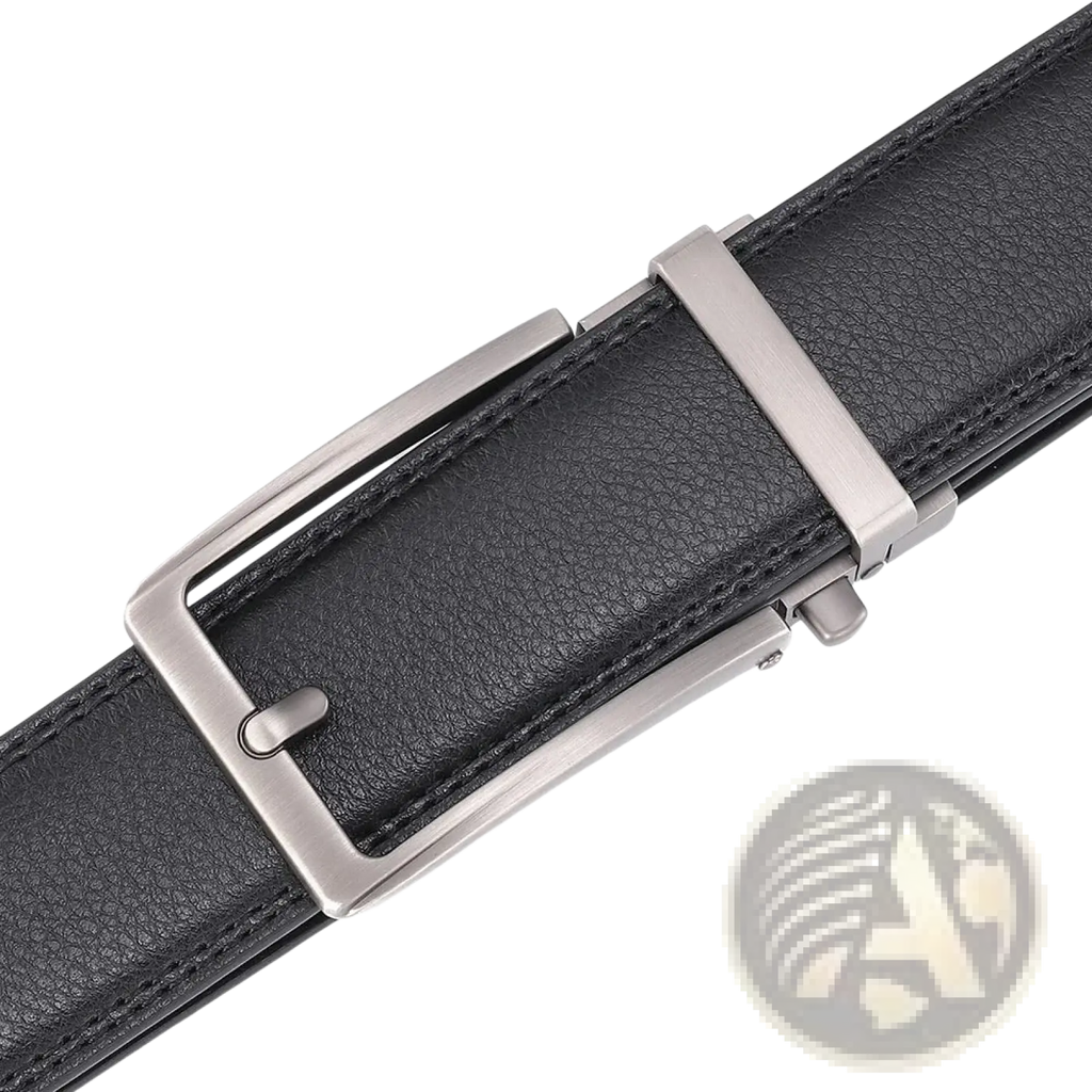 Black leather mens belt with a sleek silver-toned automatic buckle for stylish and convenient wear