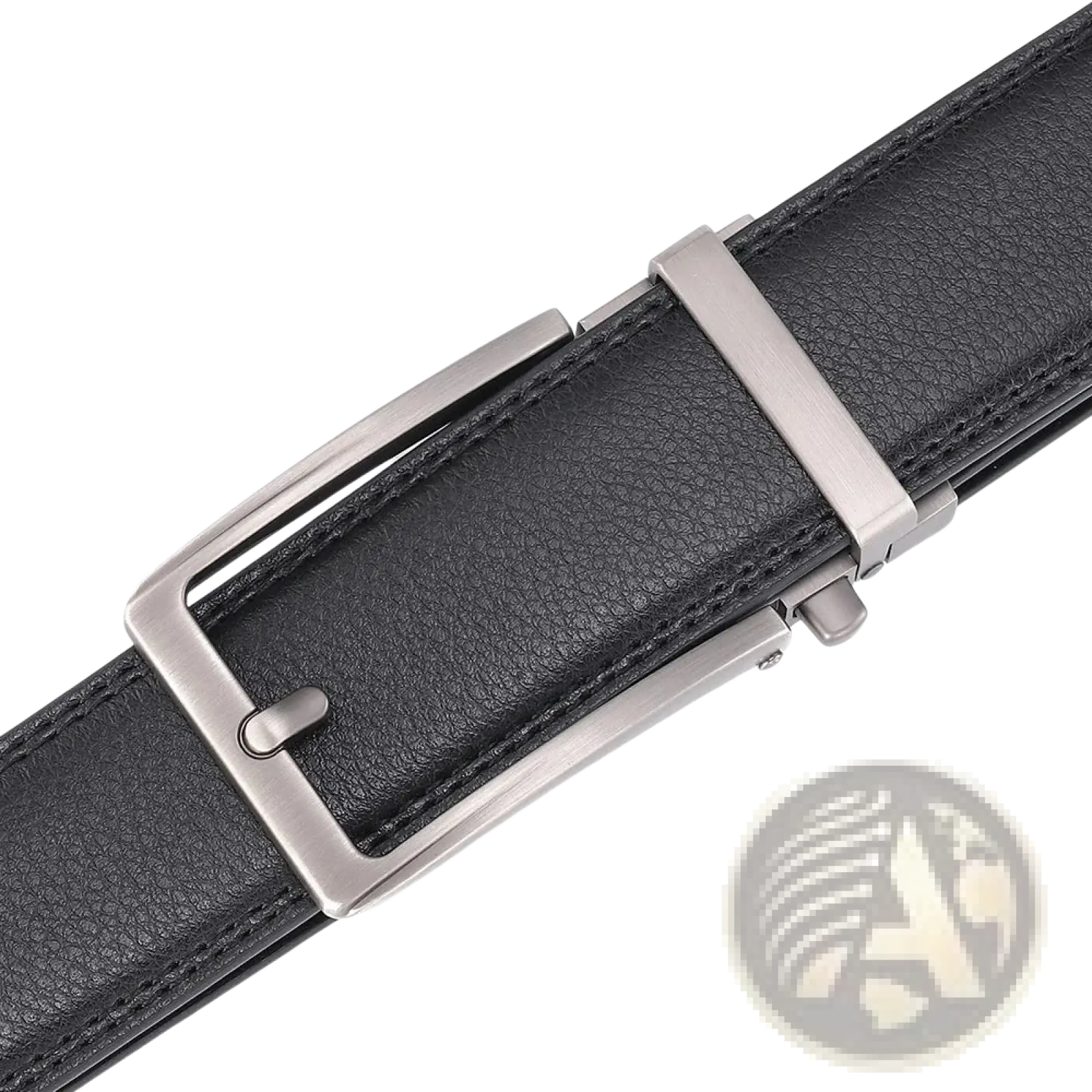 Black leather mens belt with a sleek silver-toned automatic buckle for stylish and convenient wear