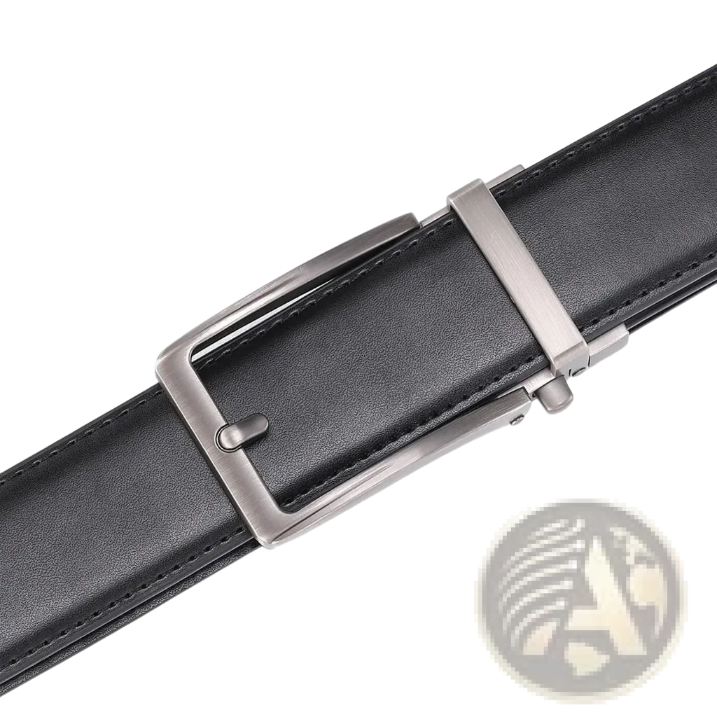 Black leather mens belt with a sleek silver-toned automatic buckle for easy adjustment and stylish wear