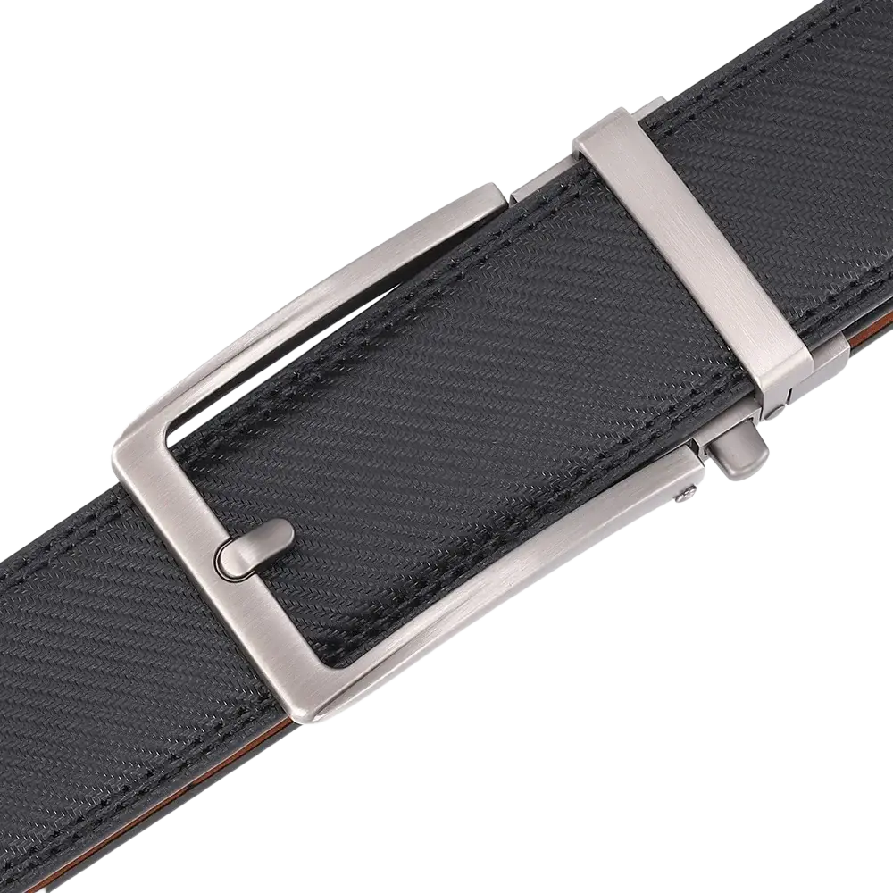 Black textured leather mens belt with a sleek silver-toned automatic buckle for easy adjustment