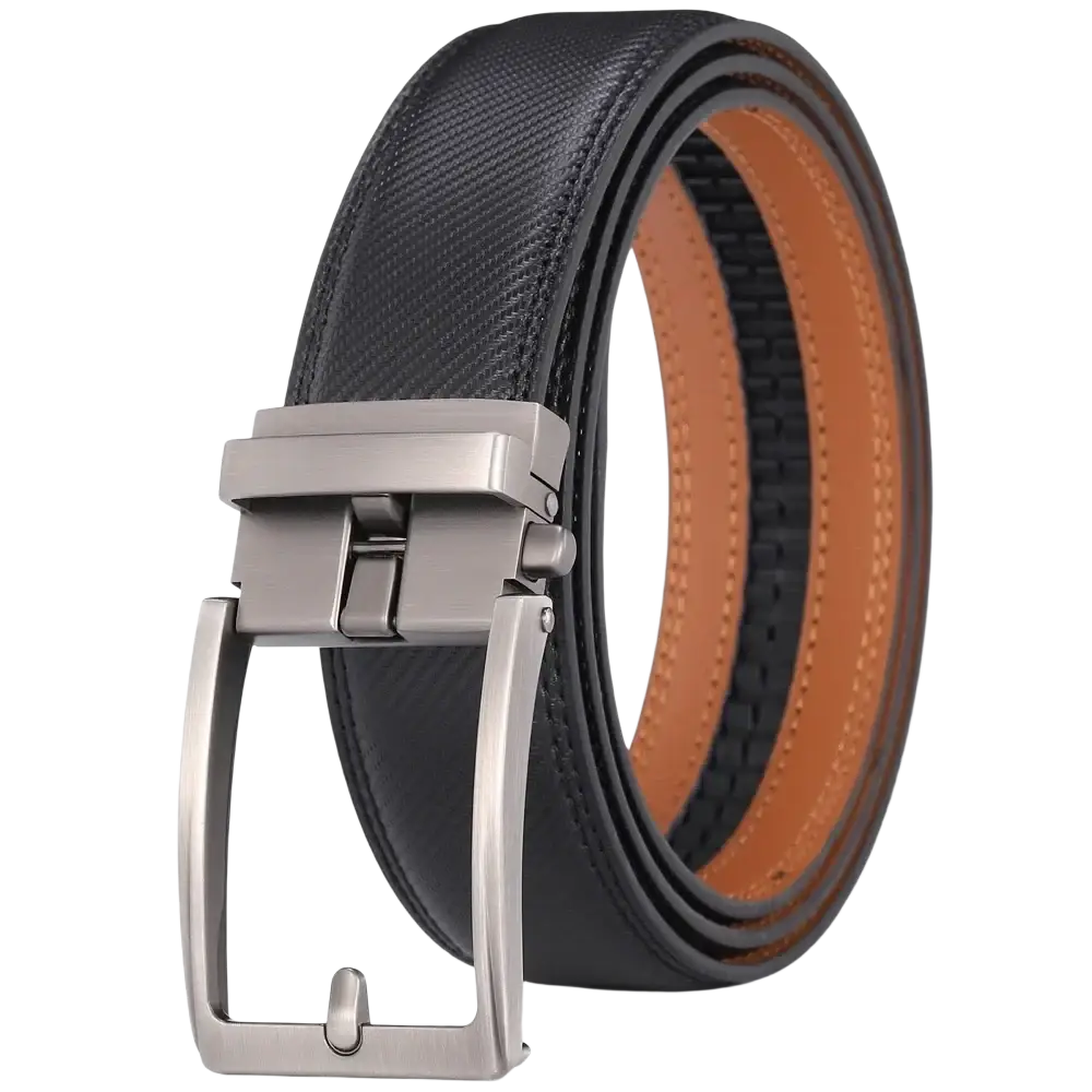 Black textured leather mens belt with a silver toned automatic buckle for easy fastening and stylish wear