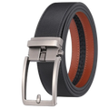 Black textured leather mens belt with silver toned automatic buckle and contrasting brown inner lining