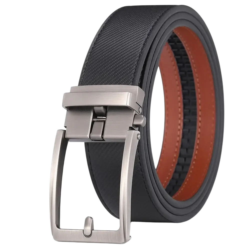Black textured leather mens belt with silver toned automatic buckle and contrasting brown inner lining