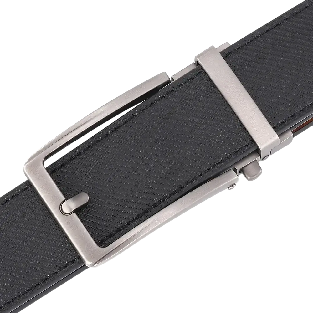 Black textured leather mens belt with sleek silver toned automatic buckle for easy adjustment and style