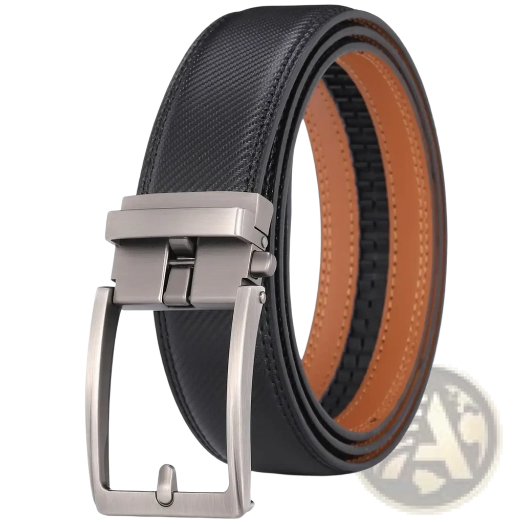 Black textured leather mens belt with a silver toned automatic buckle for easy fastening and stylish wear
