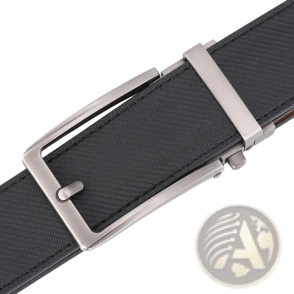 Black textured leather mens belt with sleek silver toned automatic buckle for easy adjustment and style