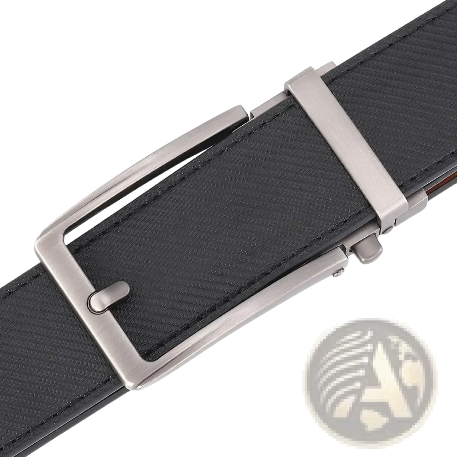 Black textured leather mens belt with sleek silver toned automatic buckle for easy adjustment and style