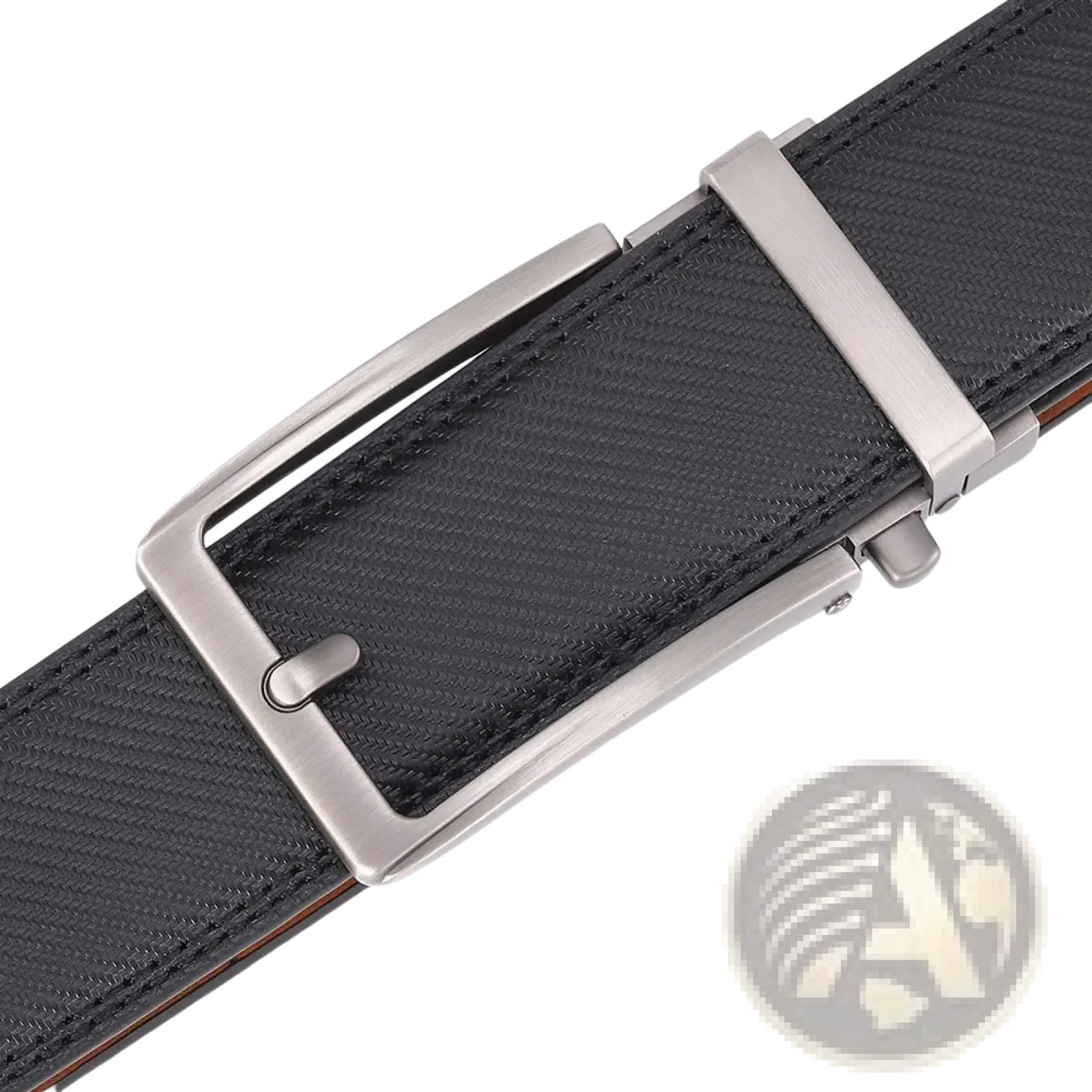Black textured leather mens belt with a sleek silver-toned automatic buckle for easy adjustment