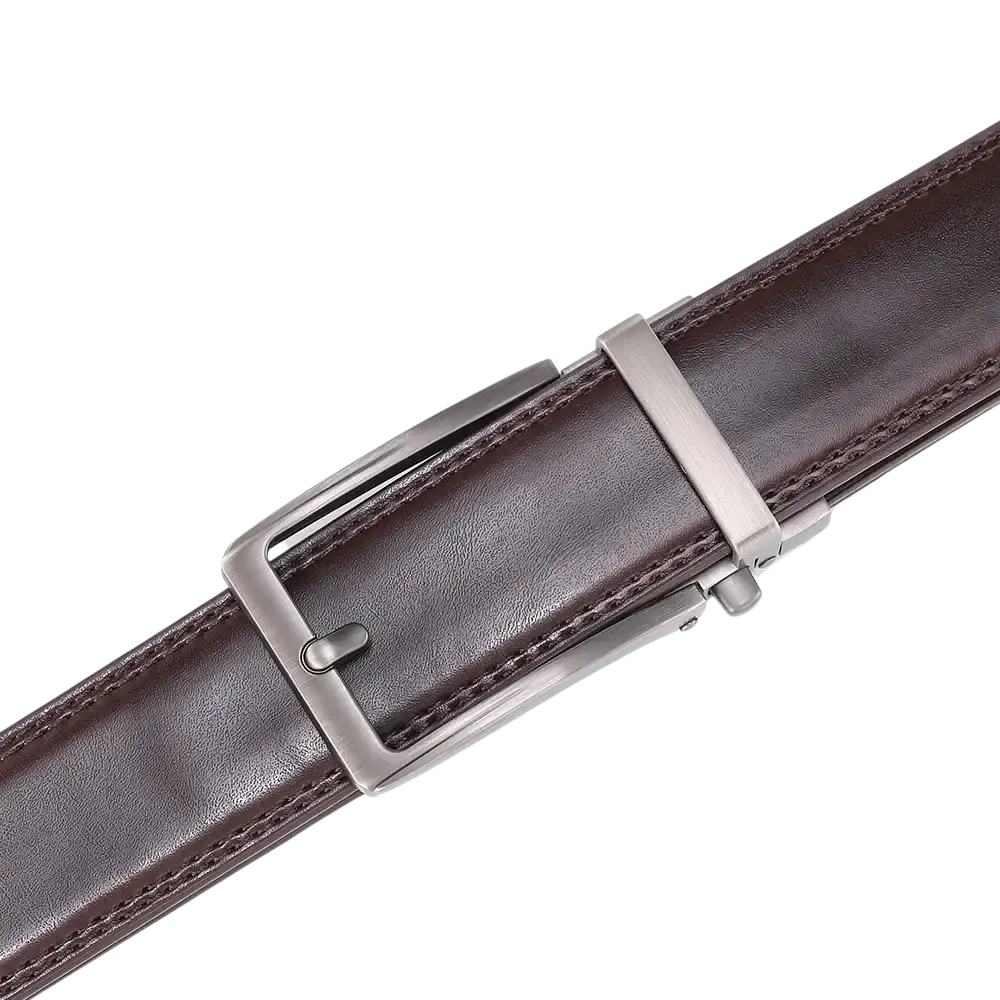 Brown leather mens belt with a sleek silver-toned automatic buckle for stylish and convenient wear