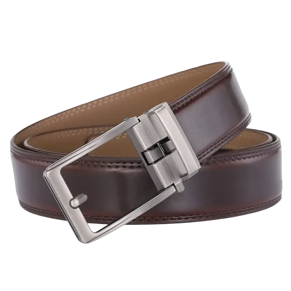 Automatic buckle leather mens belt featuring a brown leather strap with a silver-toned automatic buckle