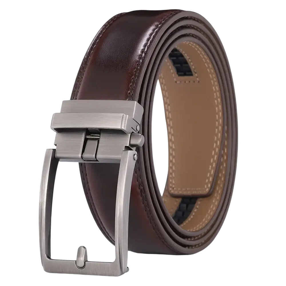 Brown leather mens belt featuring a silver-toned automatic buckle for easy adjustment and secure fit