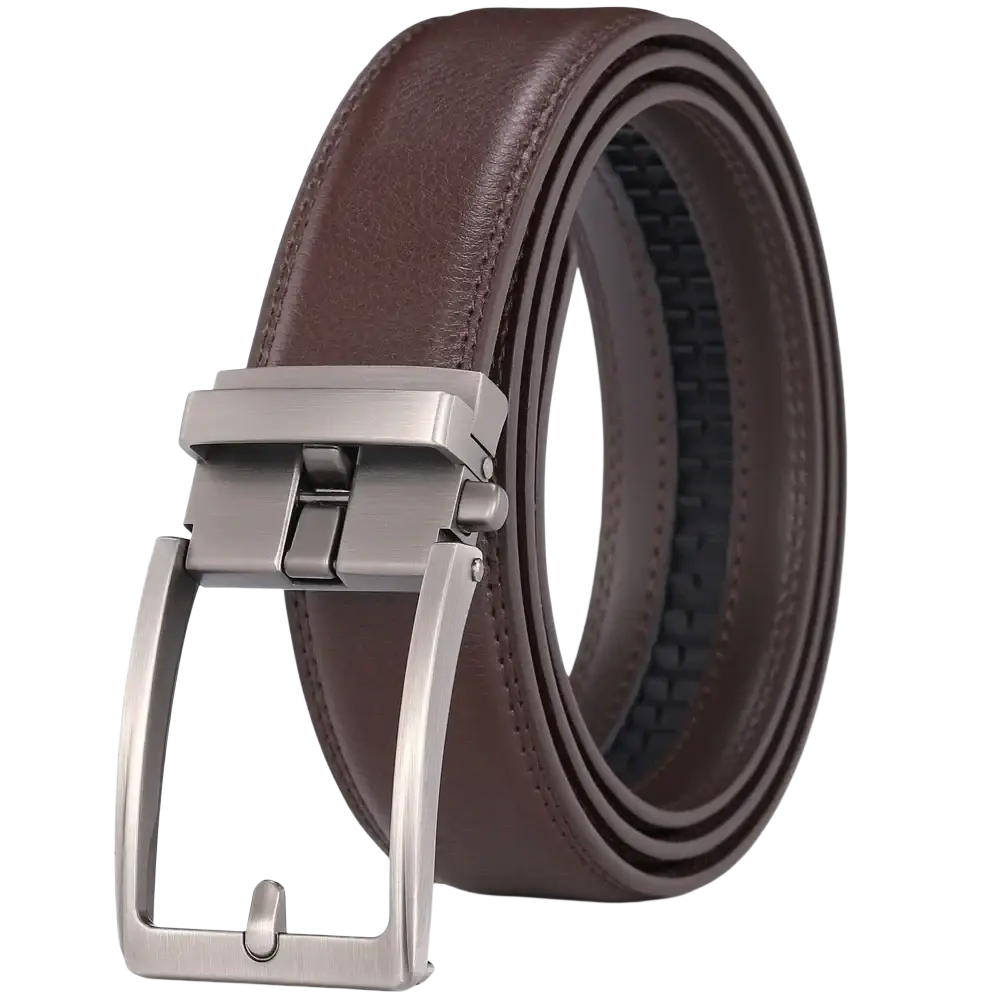 Brown leather mens belt with a sleek silver-toned automatic buckle for stylish and convenient use