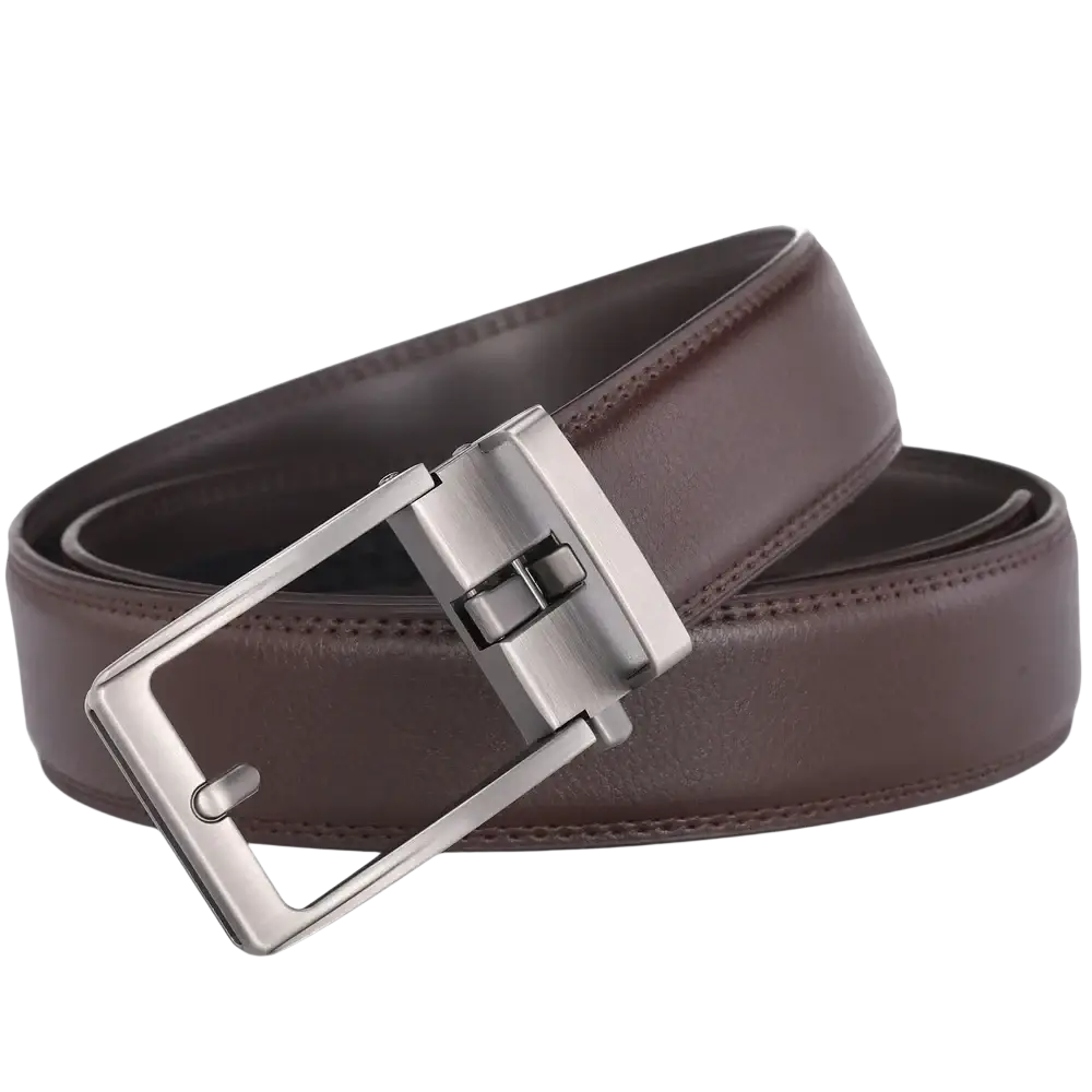 Brown leather mens belt with a silver-toned automatic buckle for easy and stylish fastening