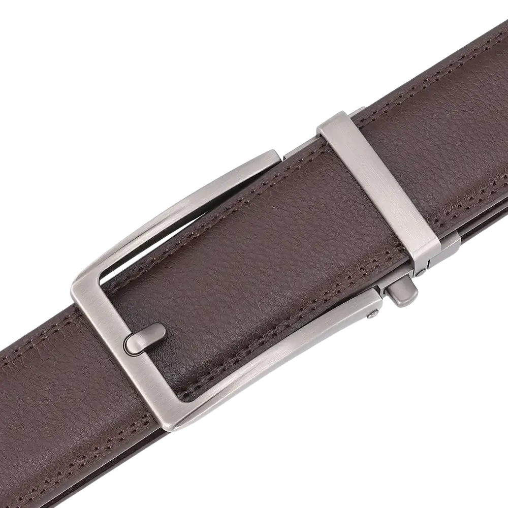 Brown leather mens belt with a sleek silver-toned automatic buckle for easy adjustment and durability