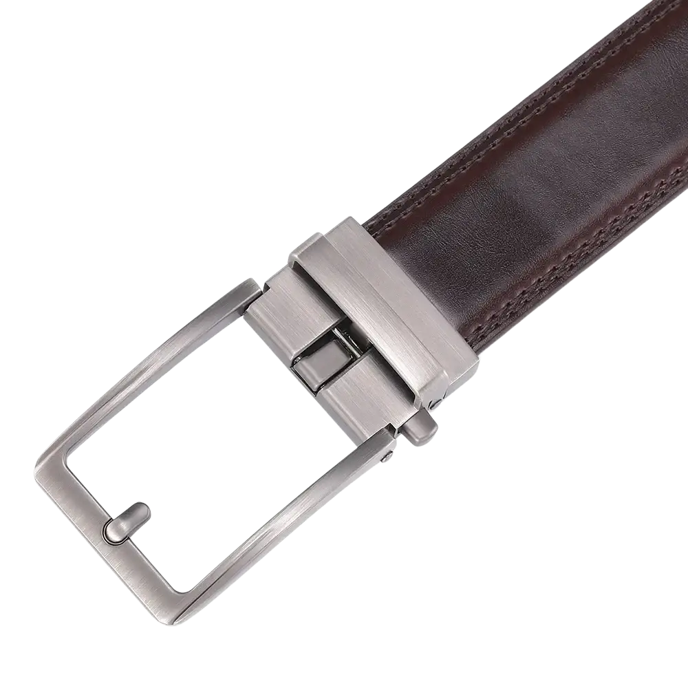 Brown leather mens belt with a brushed silver toned automatic buckle for easy adjustment and stylish wear