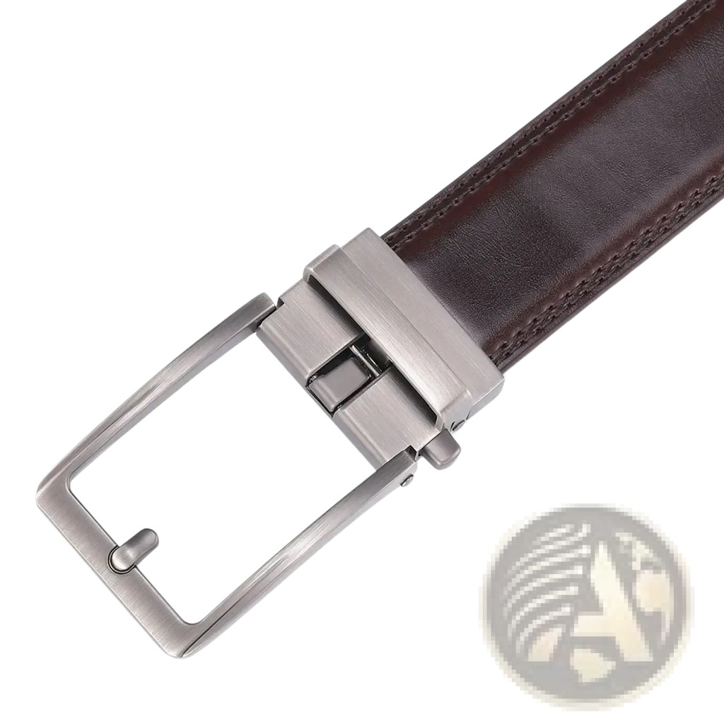 Brown leather mens belt with a brushed silver toned automatic buckle for easy adjustment and stylish wear