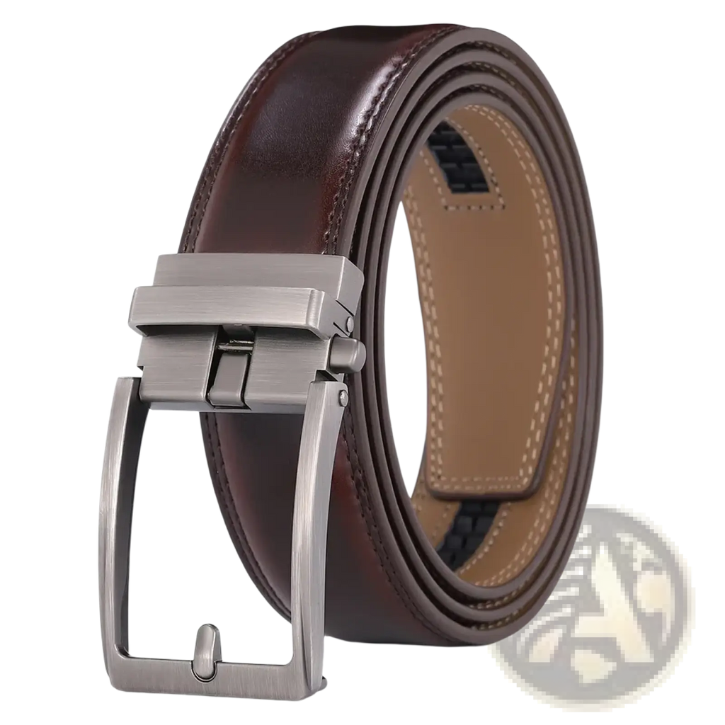 Brown leather mens belt featuring a silver-toned automatic buckle for easy adjustment and secure fit