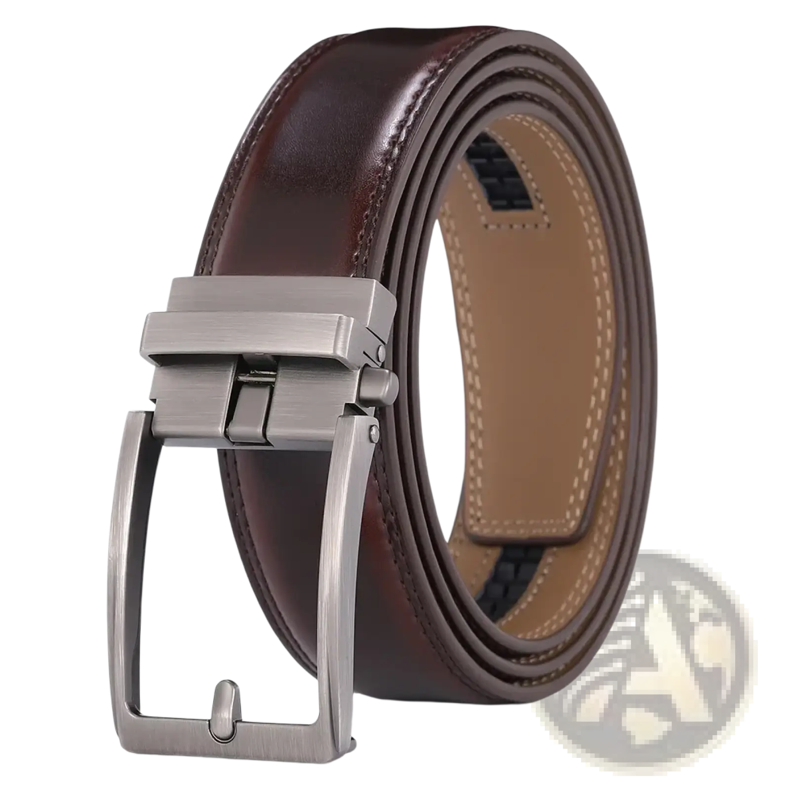 Brown leather mens belt featuring a silver-toned automatic buckle for easy adjustment and secure fit