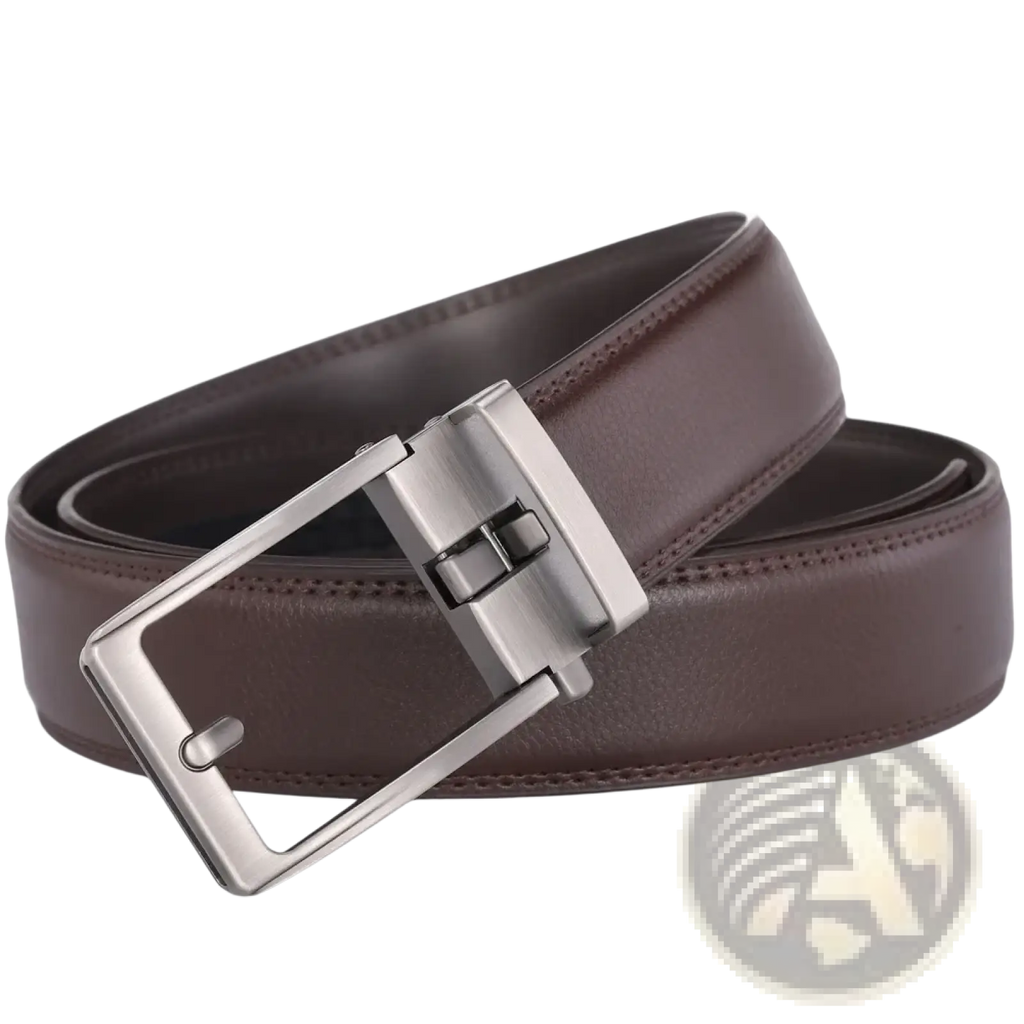 Brown leather mens belt with a silver-toned automatic buckle for easy and stylish fastening