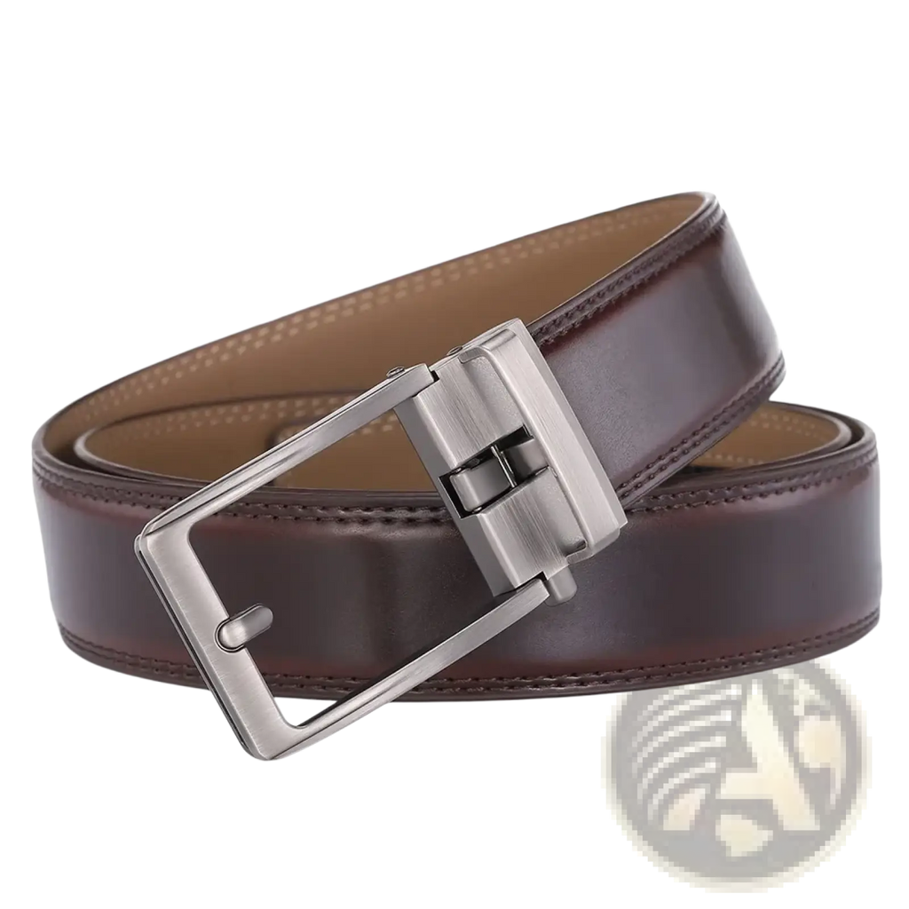Automatic buckle leather mens belt featuring a brown leather strap with a silver-toned automatic buckle