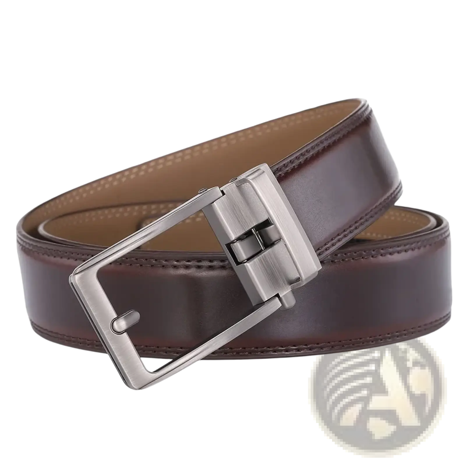 Automatic buckle leather mens belt featuring a brown leather strap with a silver-toned automatic buckle