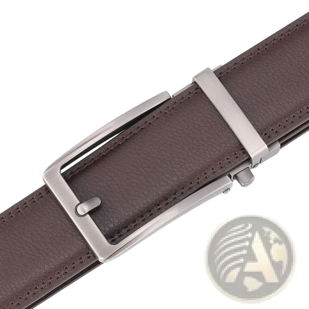 Brown leather mens belt with a sleek silver-toned automatic buckle for easy adjustment and durability