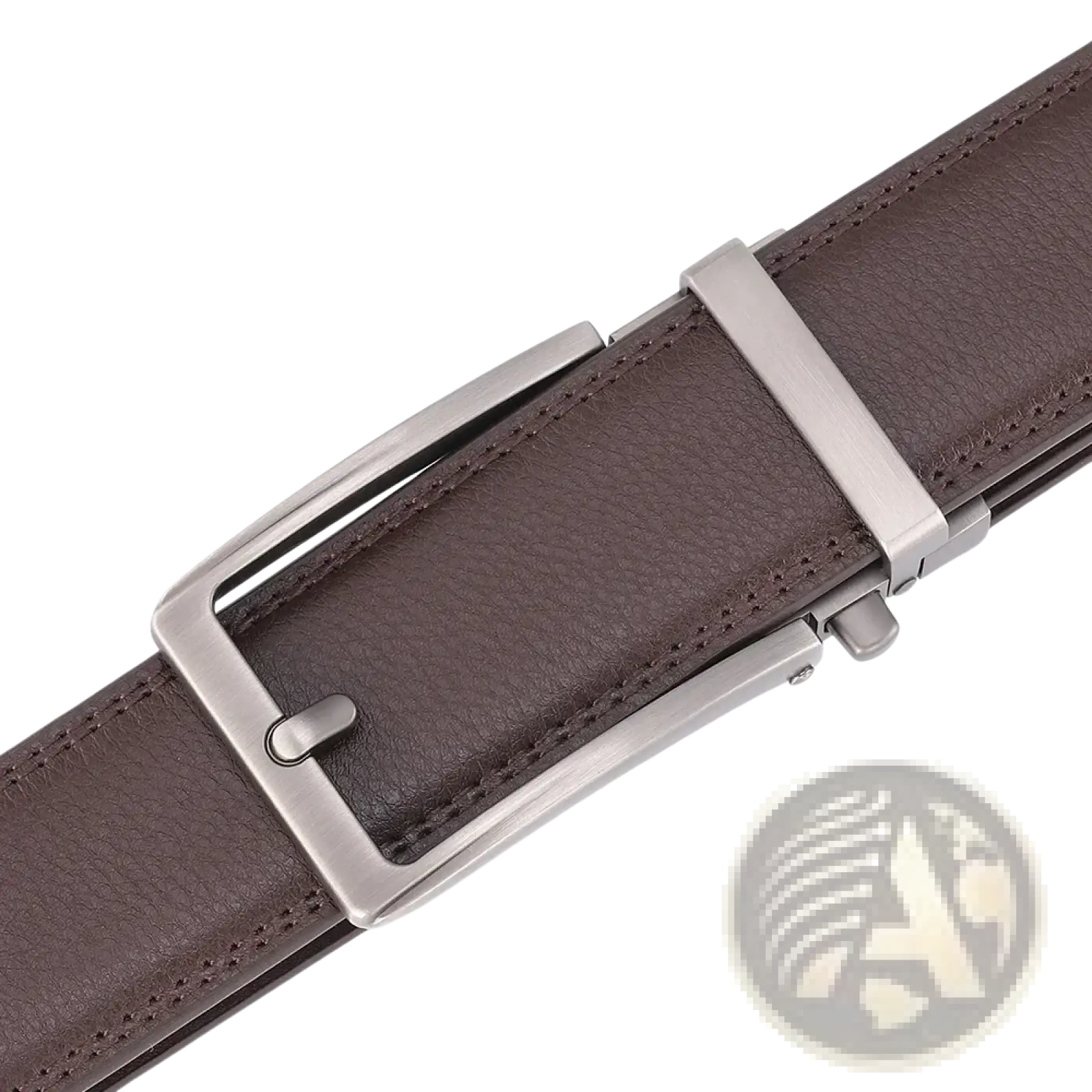 Brown leather mens belt with a sleek silver-toned automatic buckle for easy adjustment and durability