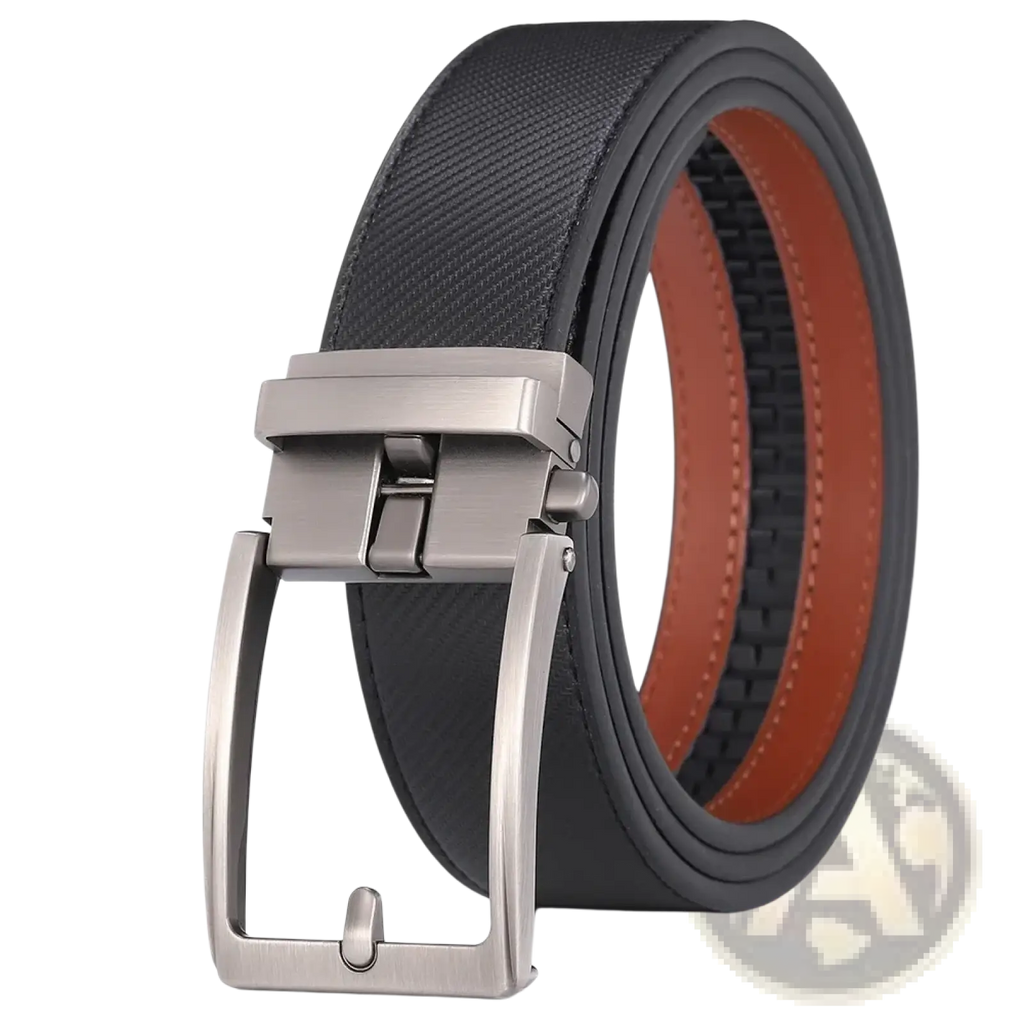 Black textured leather mens belt with silver toned automatic buckle and contrasting brown inner lining