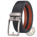 Black textured leather mens belt with silver toned automatic buckle and contrasting brown inner lining