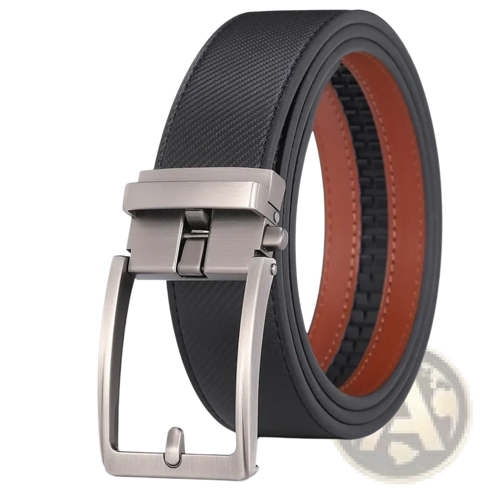 Black textured leather mens belt with silver toned automatic buckle and contrasting brown inner lining
